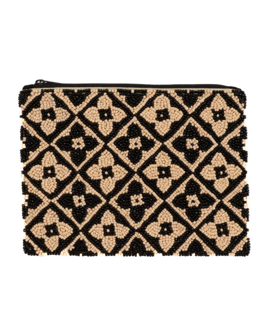 perlenbesetzter Beutel Flowers in schwarz-weiß