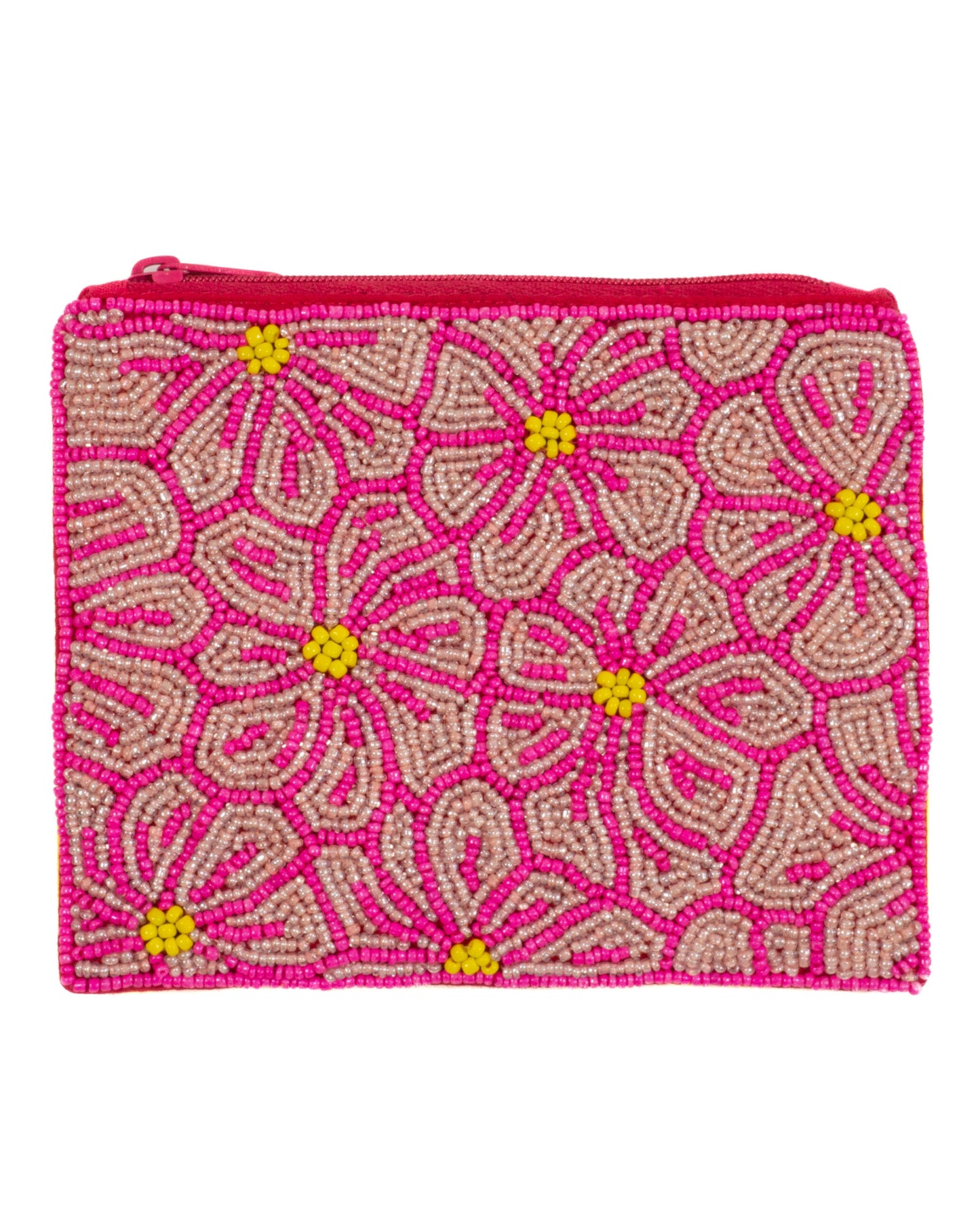perlenbesetzter Beutel CLOCHETTE gelbe Blüten auf pink
