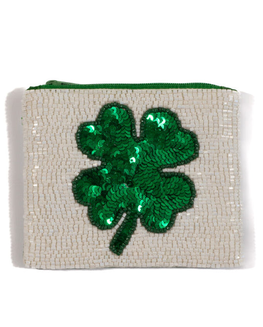 perlenbesetzter Beutel Kleeblatt in weiß