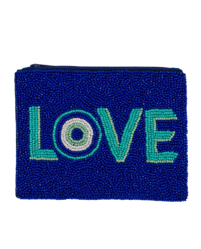 perlenbesetzter Beutel LOVE in blau