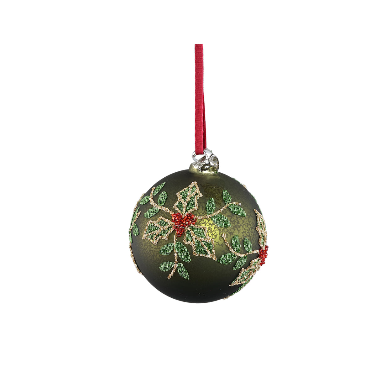 Glaskugel Weihnachtskugel Grün mit Zweig&Beeren