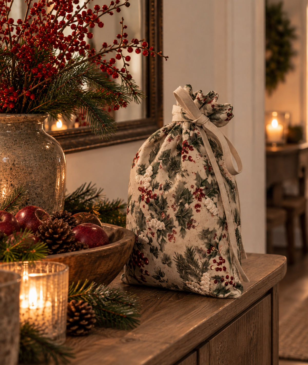 Cremefarbene Baumwolltasche mit Blätterdruck L