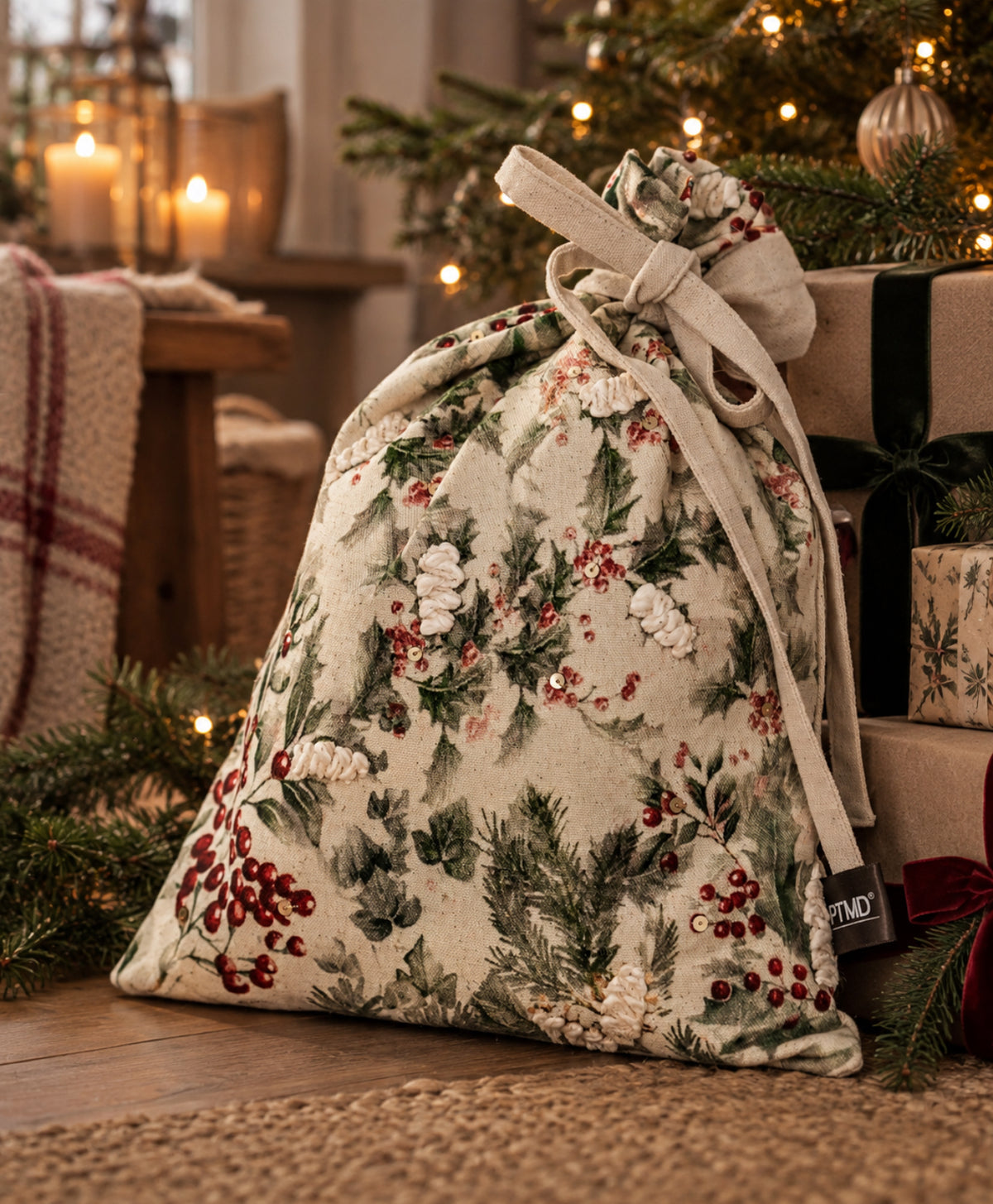 Cremefarbene Baumwolltasche mit Blätterdruck L